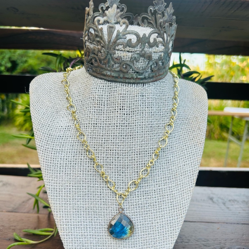 Elegant Gold Framed Tear Cut Labradorite Pendant on 18” Gold Plated Necklace